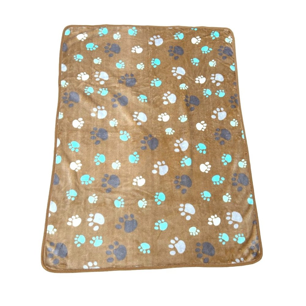 Dog Blanket Brown Tan Paw Print Soft Piping Edge  31”x 41” Blue Turquoise Grey